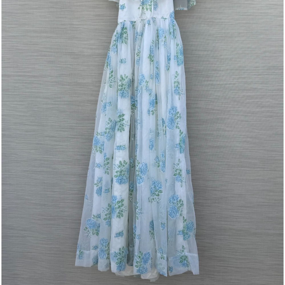 Vintage Floral Halter Maxi Dress with Sheer Cape Romantic Satin Gown Low Back XS - Picture 3 of 10